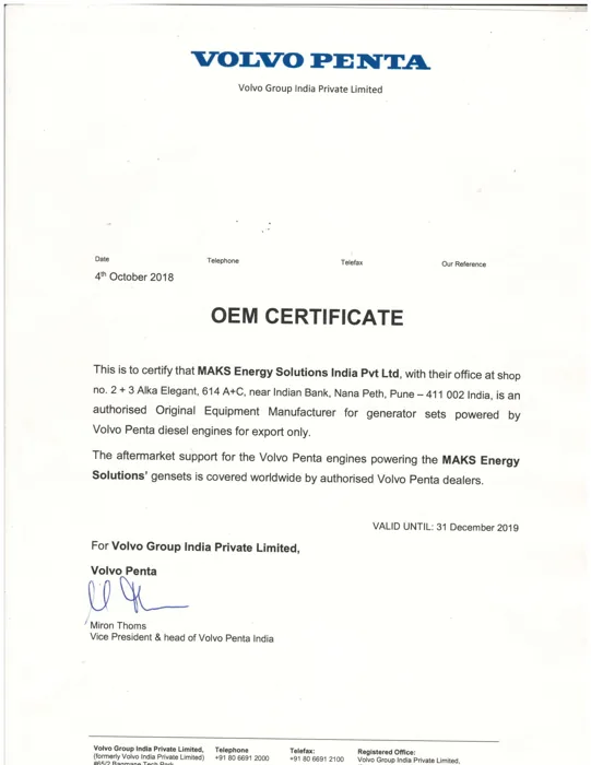 Volvo Penta - OEM Certificate