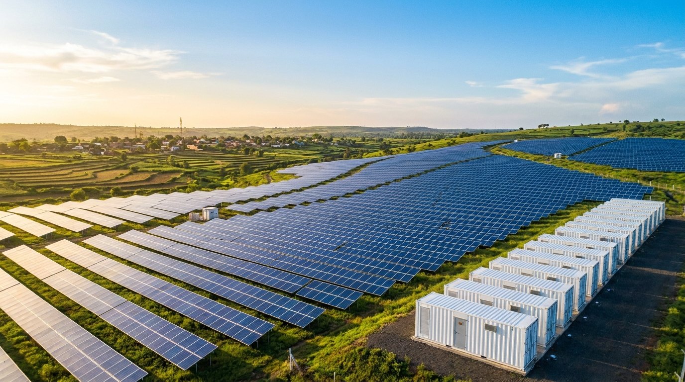 Solar panels and battery storage across green Indian countryside, MAKS Green Energy